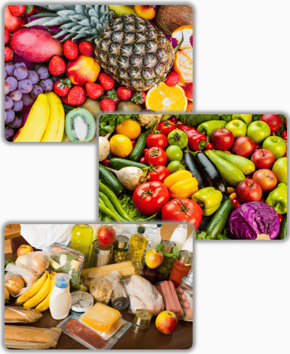 três imagens, uma de frutas, outra de legumes e verduras e a última de produtos de mercearia